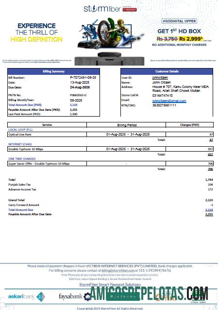 realista Modelo de conta de serviços públicos StormFiber do Paquistão em formatos Word e PDF